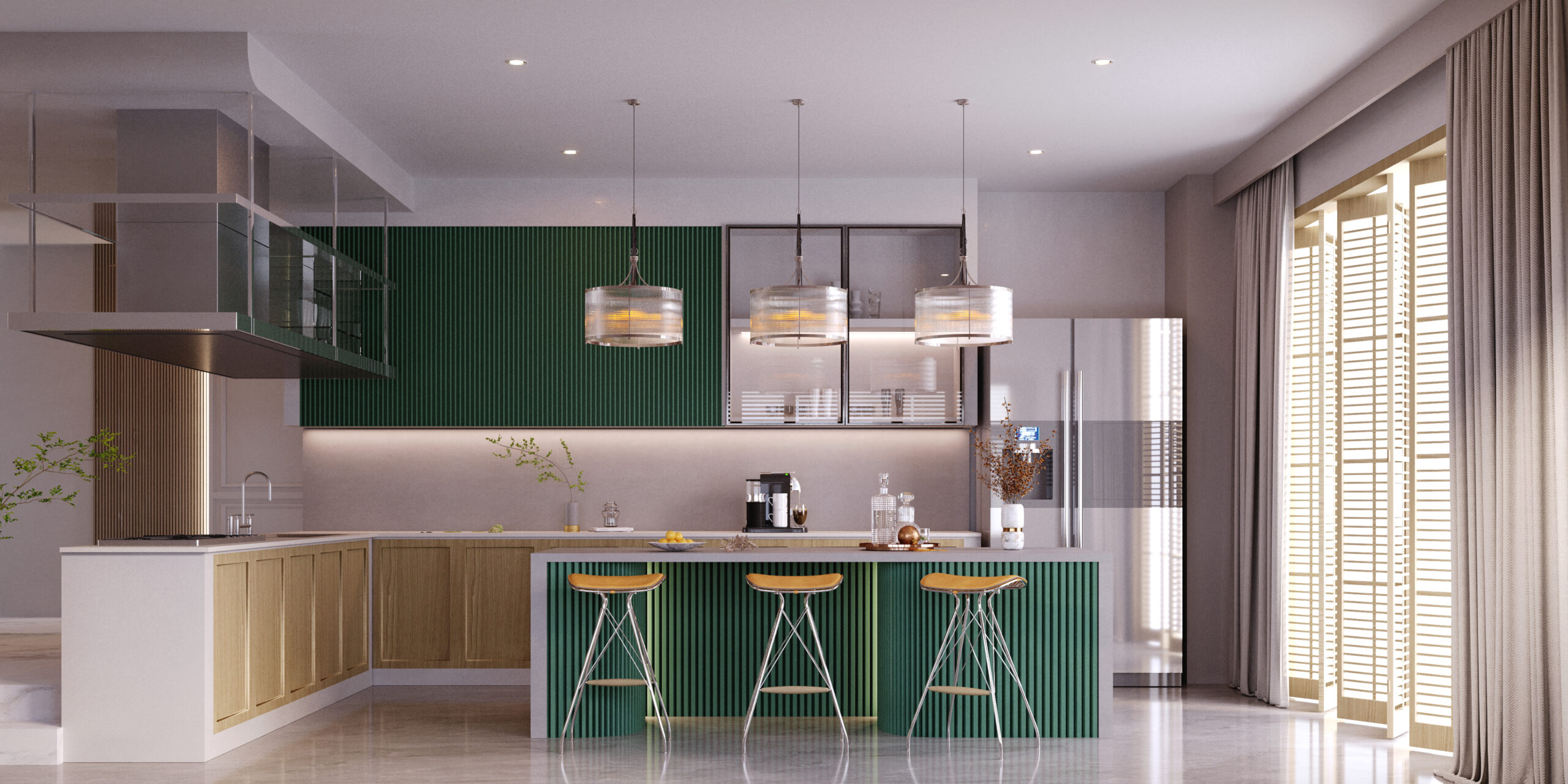 Luxorious modern kitchen and dining room,wood and green kitchen.