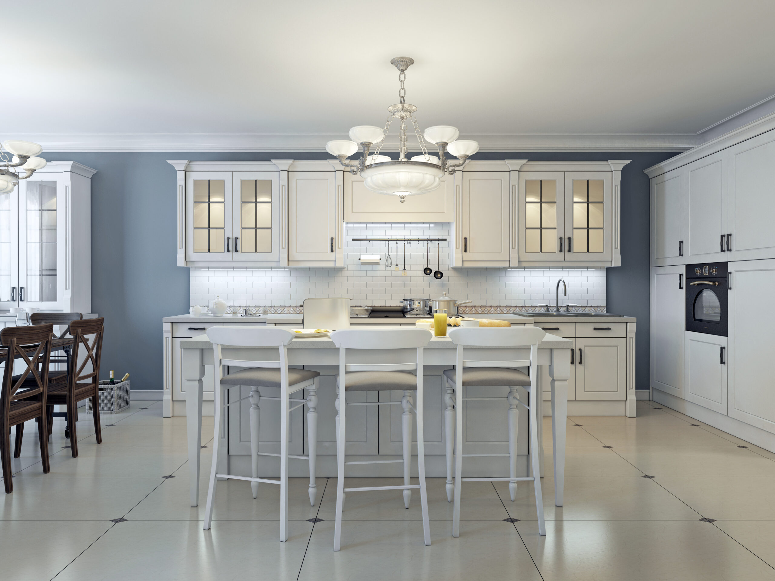 Bright art deco kitchen design. Glass-front cabinets, stainless steel appliances, white cabinets, marble countertops, white brick backsplash and navy colored walls. 3D render