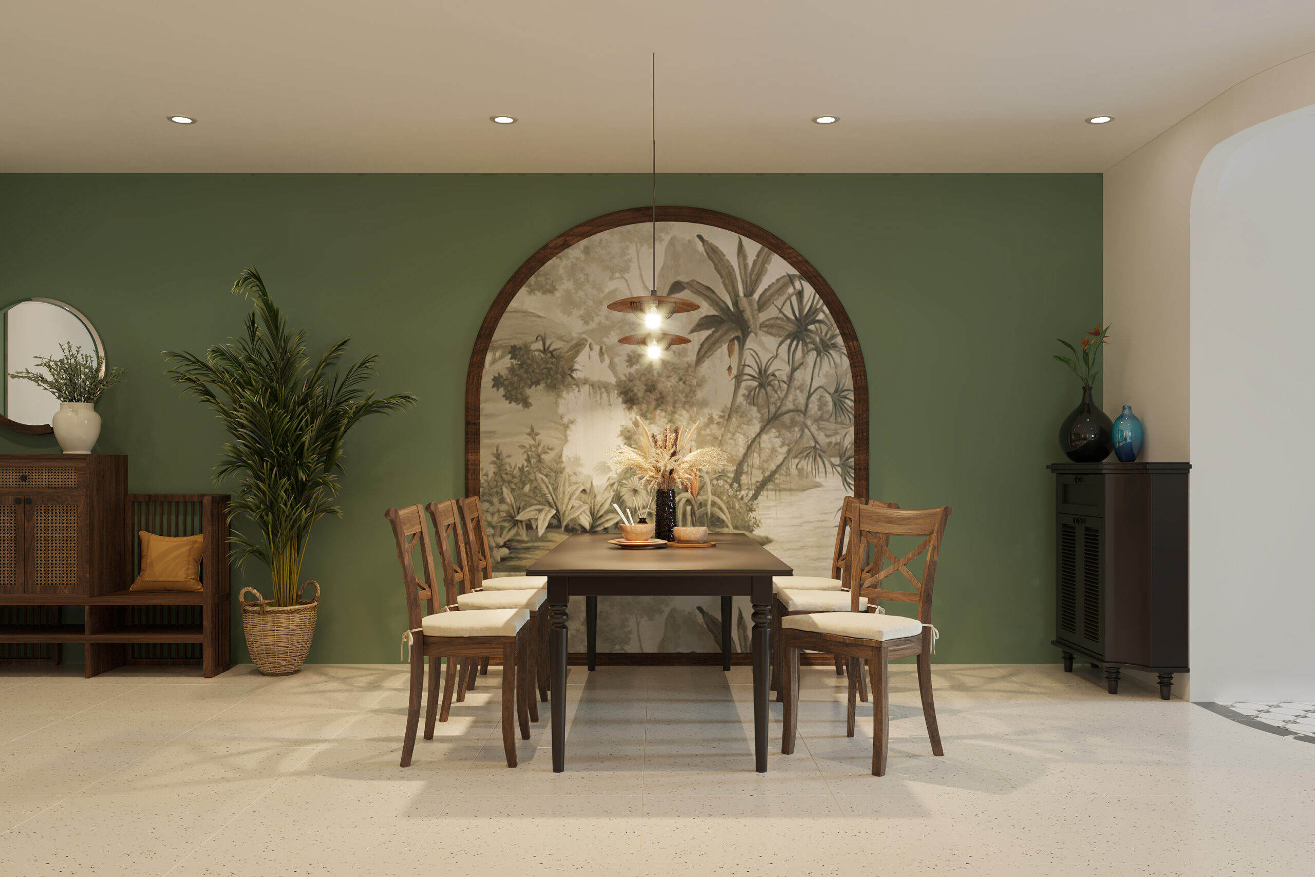 Minimalist dining room interior, functional dining table with chairs against the scenery wall painting