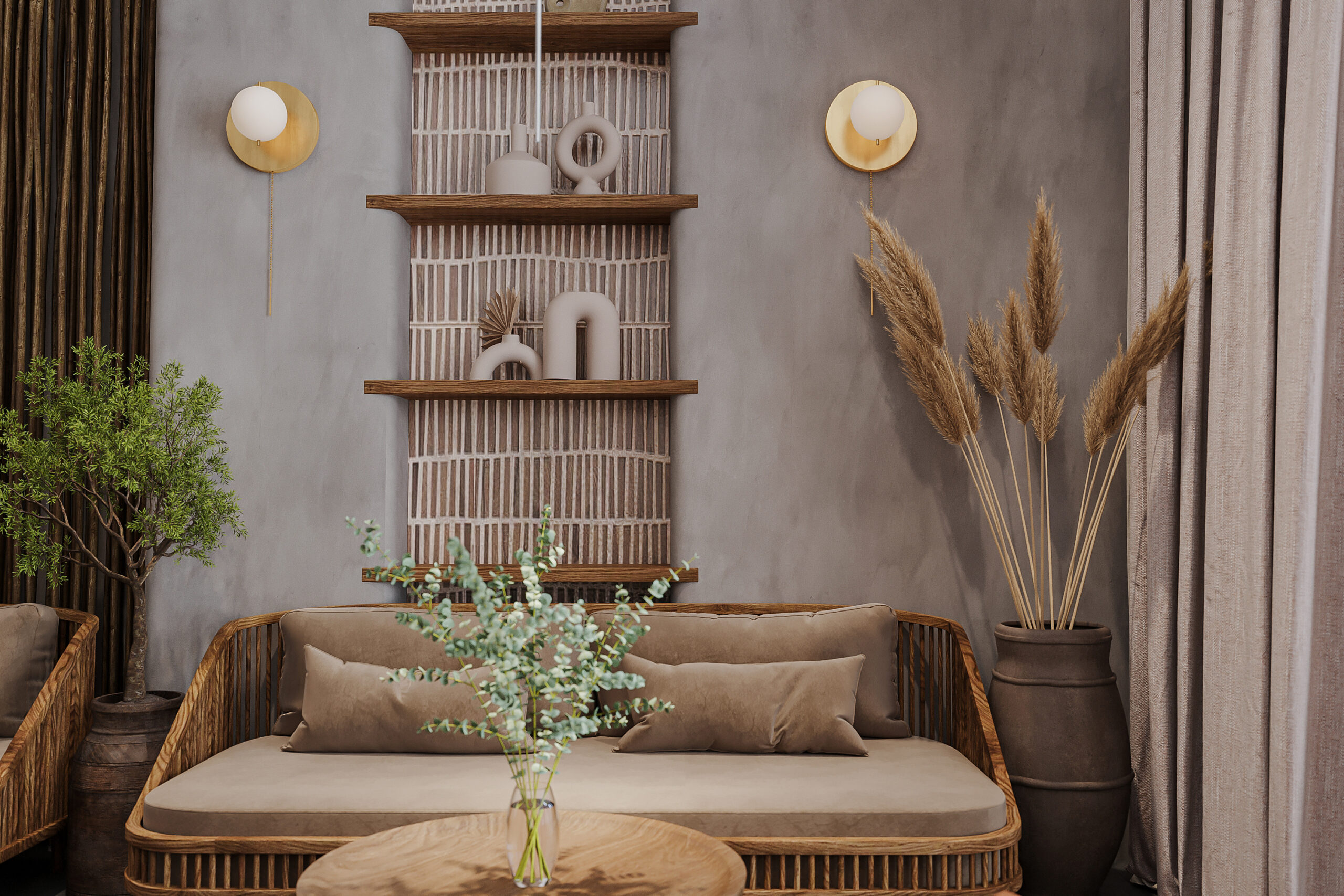 Minimalist Loft coffee shop corner Interior with rattan sofa and green plants.
